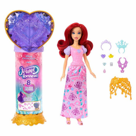Poupée Jewel Reveal Ariel, Accessoires avec 8 surprises, 1 boîte a bijoux en forme de coeur, 1 bague pour enfant et 9 éléments, JHL49