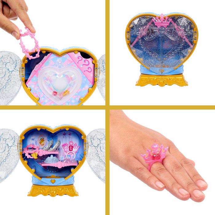 Poupée Jewel Reveal Cendrillon, Accessoires avec 8 surprises, 1 boîte a bijoux en forme de coeur, 1 bague pour enfant et 9 éléments,