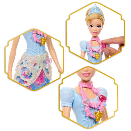 Poupée Jewel Reveal Cendrillon, Accessoires avec 8 surprises, 1 boîte a bijoux en forme de coeur, 1 bague pour enfant et 9 éléments,
