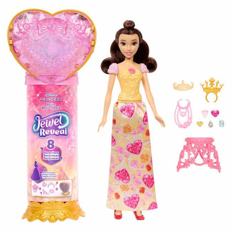 Poupée Jewel Reveal Belle, Accessoires avec 8 surprises, 1 boîte a bijoux en forme de coeur, 1 bague pour enfant et 9 éléments, JHL51