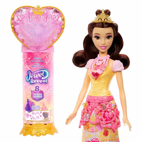 Poupée Jewel Reveal Belle, Accessoires avec 8 surprises, 1 boîte a bijoux en forme de coeur, 1 bague pour enfant et 9 éléments, JHL51