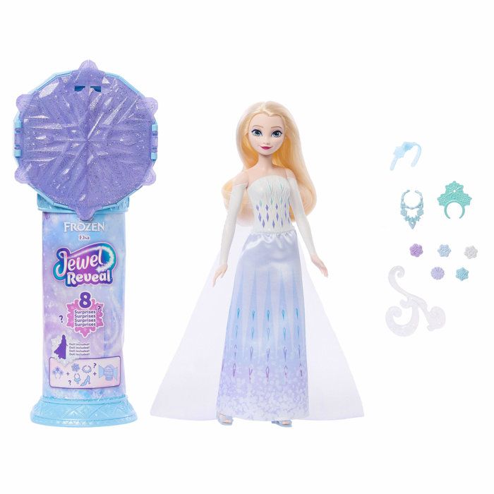 Poupée Jewel Reveal Elsa, La Reine des Neiges, accessoires avec 8 surprises, 1 boîte a bijoux en forme de flocon de neige, 1 bague p