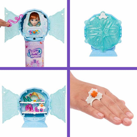 Poupée Jewel Reveal Anna, La Reine des Neiges, accessoires avec 8 surprises, 1 boîte a bijoux en forme de flocon de neige, 1 bague p