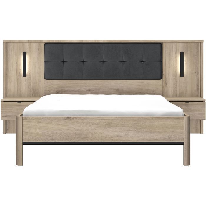 Lit adulte avec chevets lambris - MAXIMIN - 140 x 190 cm - Chene Krönberg clair - GAMI