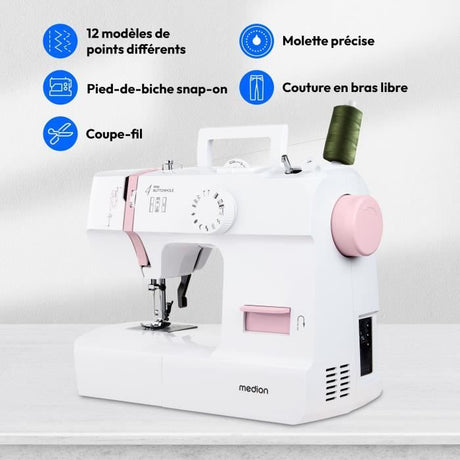 Machine a Coudre - MEDION - SM 70 - 71W - 12 Points - 700 tr/min - LED - Rose