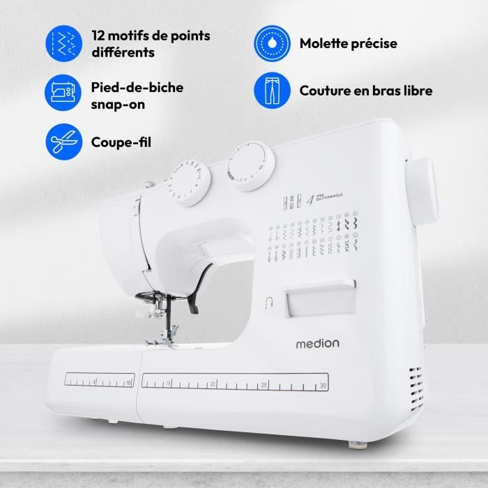 Machine a Coudre - MEDION - SM 60 - 62W - 24 Points + Points Doubles - 700 tr/min - LED - Rose