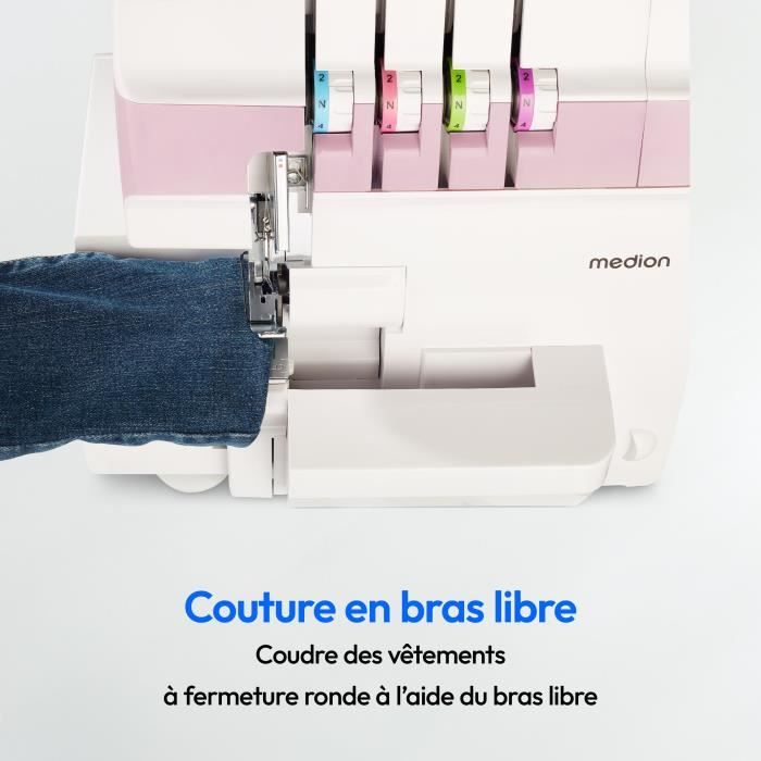 Surjeteuse - MEDION - SO 90 - 91W - Type d'aiguille 11, 14, 16 - 1200 tr/min - LED - Rose