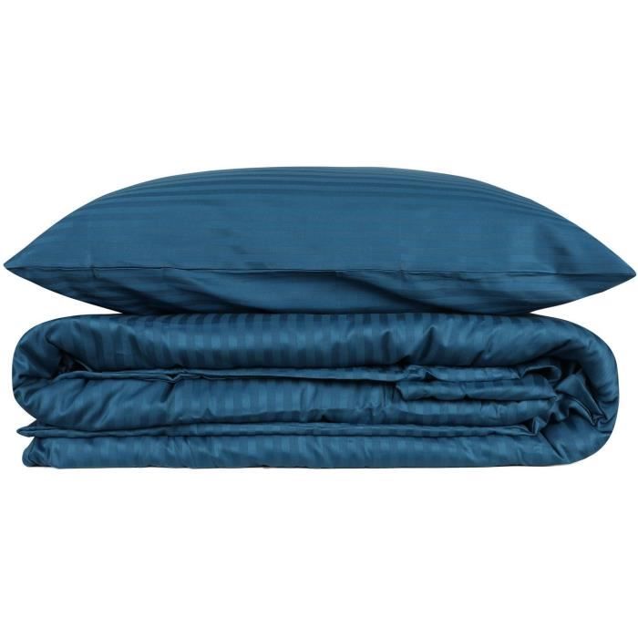 Parure de lit - 1 housse de couette 220 x 240 cm + 2 taies d'oreiller 60 x 60 cm - Satiné 100% coton - Bleu