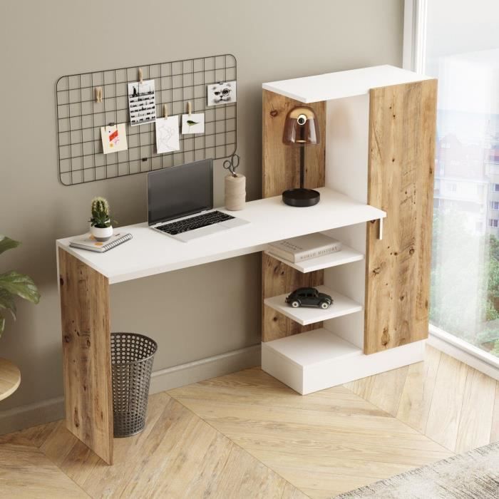Bureau d'étude moderne - CT2 - Pin atlantique / Blanc - 152,3 x 95 x 50 cm