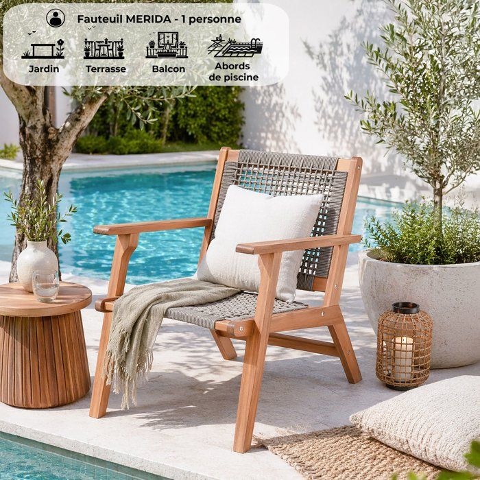 Fauteuil de jardin bas - MERIDA - Bois d'Acacia FSC - Corde tressée - 60 x 76 x 73 cm - Vert Kaki