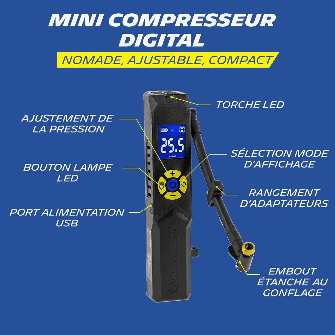 Mini compresseur sans fil - MICHELIN - Pompe électrique - Manometre digital - 10 Bars - Rechargeable USB