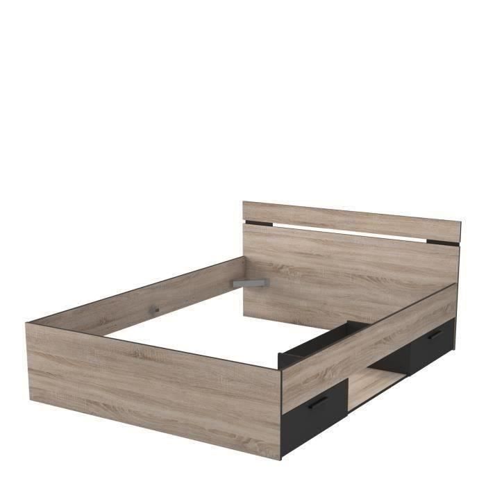 DEMEYERE Michigan Lit adulte 140x190 cm - 2 tiroirs et 1 niche - Industriel - Certifié PEFC 100% - Décor chene brossé et noir