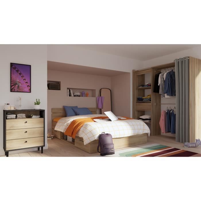 Demeyere Lit adulte MICHIGAN - 160 x 200 cm - Mulitiples rangements  - Chene brossé