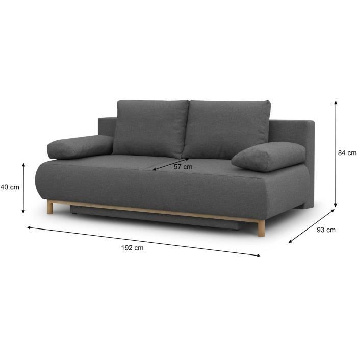 Canapé convertible - 3 places - MIKA - Tissu gris - Coffre de rangement - L 192 x H 84 x P 93 cm