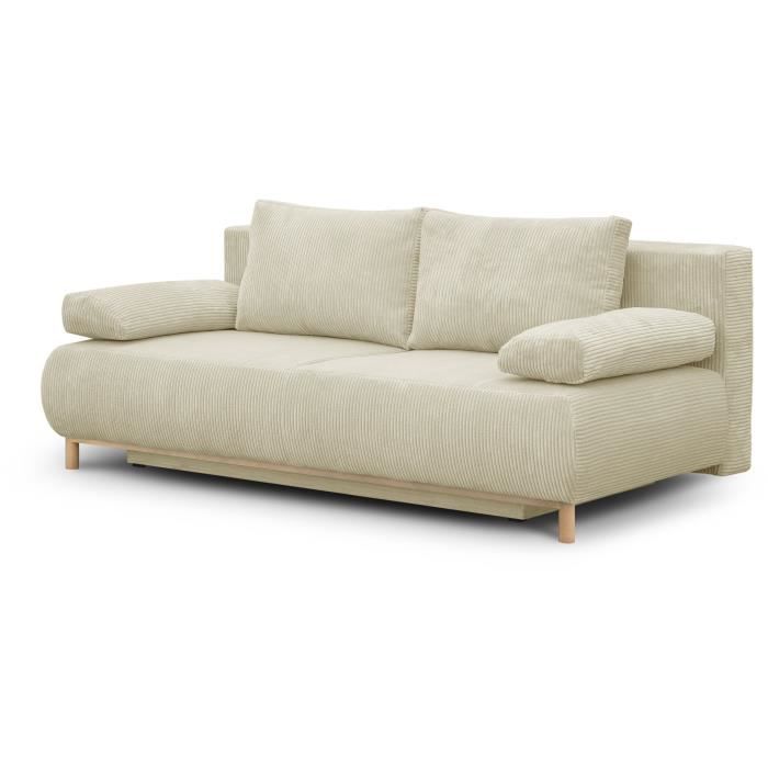 Canapé convertible - 3 places - MIKA - Velours côtelé beige - Coffre de rangement - L 192 x H 84 x P 93 cm