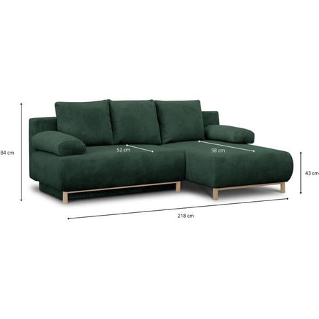 Canapé d'angle droit convertible - 3 places - MIKA - Tissu velours côtelé vert foncé - Coffre de rangement - 192 x 84 x 93 cm