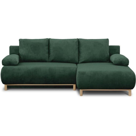 Canapé d'angle droit convertible - 3 places - MIKA - Tissu velours côtelé vert foncé - Coffre de rangement - 192 x 84 x 93 cm