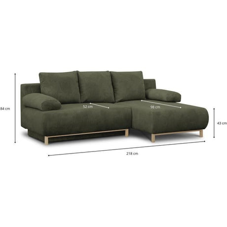 Canapé d'angle droit convertible - 3 places - MIKA - Tissu velours côtelé vert kaki - Coffre de rangement - 192 x 84 x 93 cm