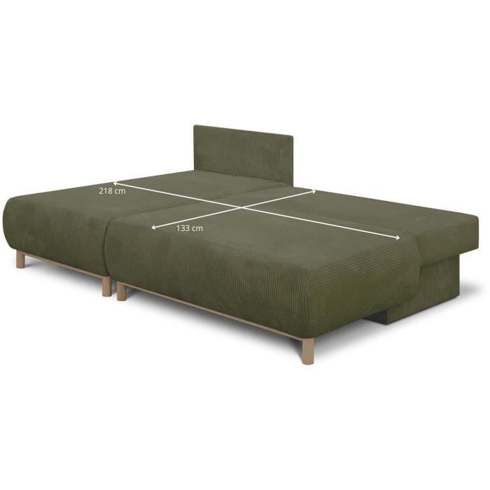 Canapé d'angle gauche convertible - 3 places - MIKA - Tissu velours côtelé vert kaki - Coffre de rangement - 192 x 84 x 93 cm