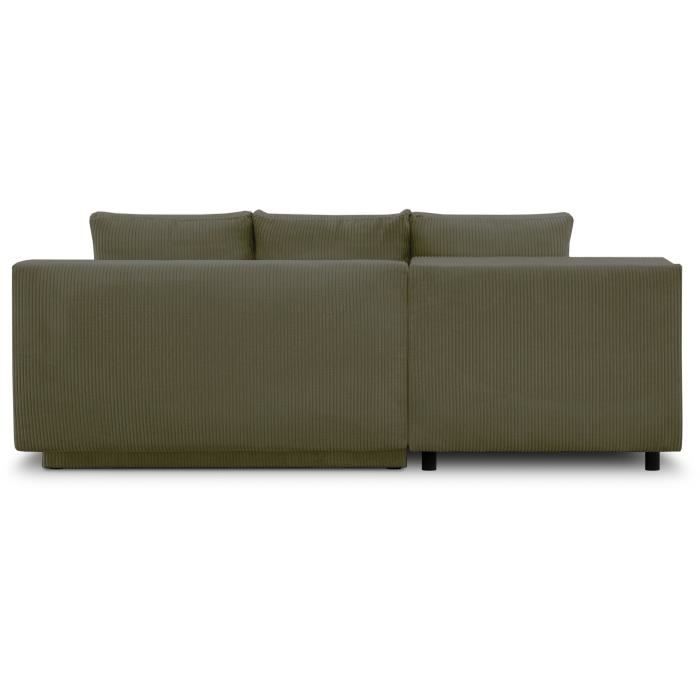 Canapé d'angle gauche convertible - 3 places - MIKA - Tissu velours côtelé vert kaki - Coffre de rangement - 192 x 84 x 93 cm
