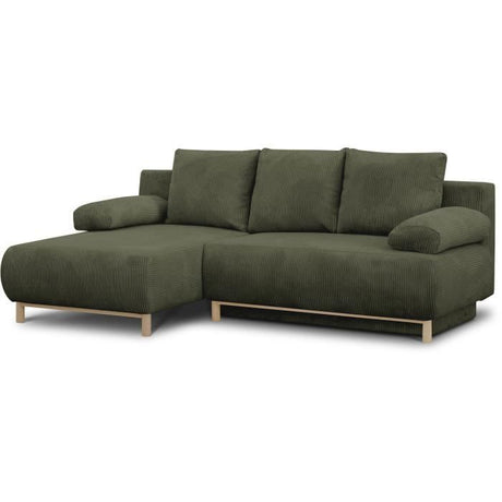 Canapé d'angle gauche convertible - 3 places - MIKA - Tissu velours côtelé vert kaki - Coffre de rangement - 192 x 84 x 93 cm