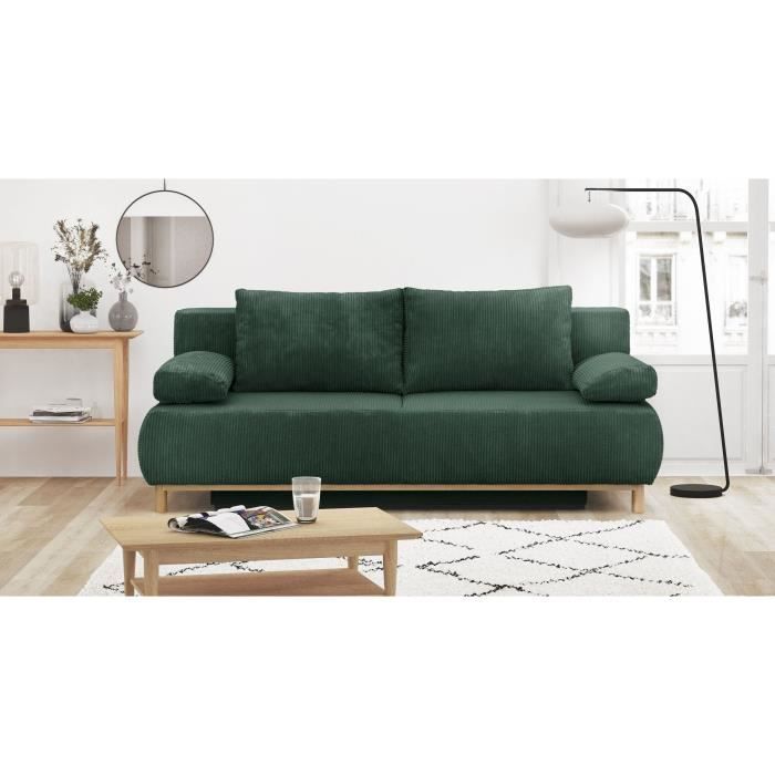 Canapé convertible - 3 places - MIKA - Velours côtelé vert foret - Coffre de rangement - L 192 x H 84 x P 93 cm