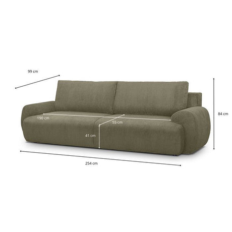 Canapé convertible - 3 places - MILO - Tissu velours côtelé Vert kaki - Coffre de rangement - 254 x 99 x 84 cm