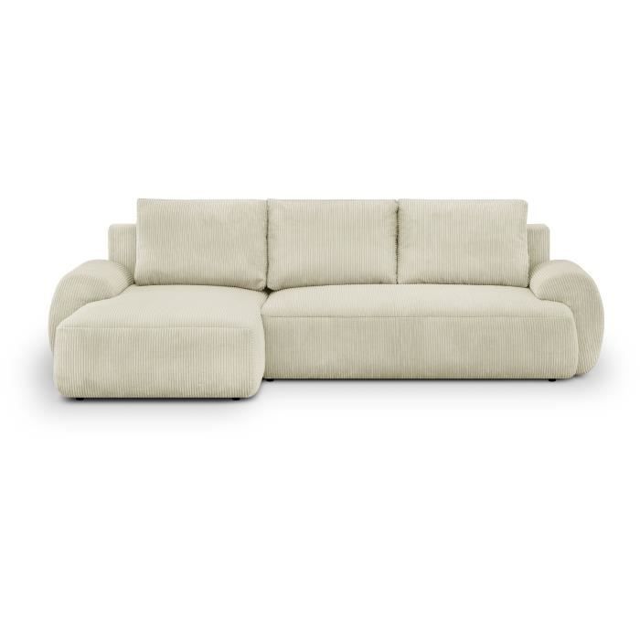 Canapé d'angle gauche convertible 4/5 places MILO - Velours côtelés beige - Coffre de rangement - L 264 x H 84 x P 99/145 cm
