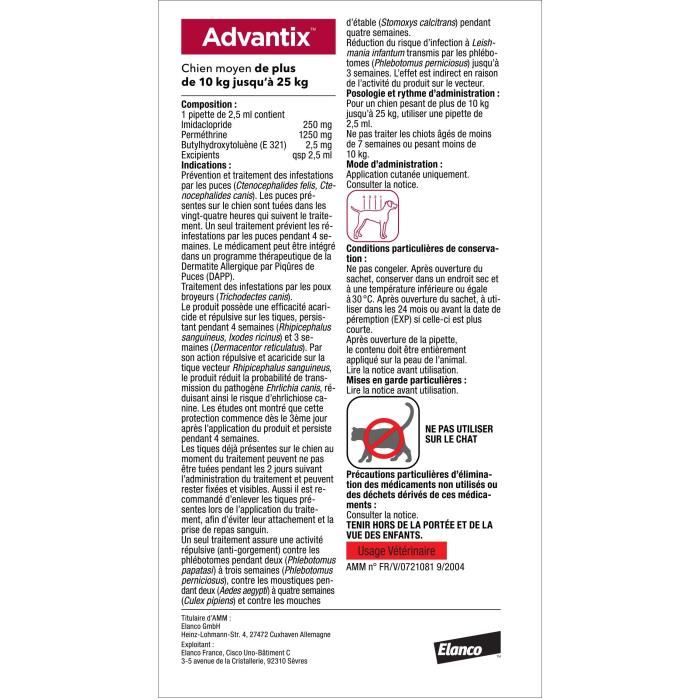 ADVANTIX Chien Solution Antiparasitaire Race Moyenne 10 a 25kg 4 pipettes