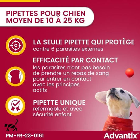 ADVANTIX Chien Solution Antiparasitaire Race Moyenne 10 a 25kg 6 pipettes