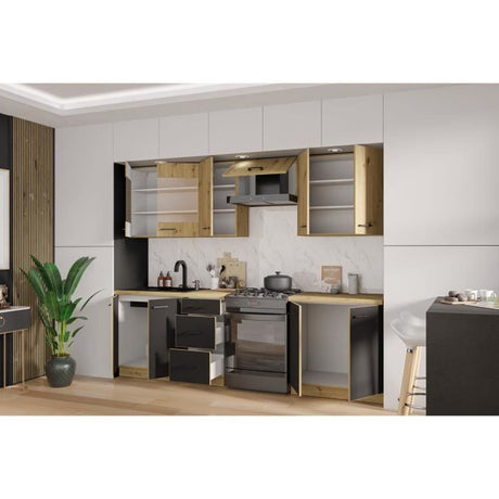 MODENA - Cuisine complete - 260 x 52 x 82 cm - Chene artisan / Noir mat - Plan de travail non inclus