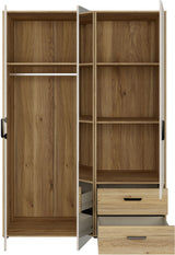 Armoire de chambre - MOKKARO - Décor Chene et sable - 3 portes battantes - 2 tiroirs - 2 miroirs - L144,4 x P52,7 x H200cm