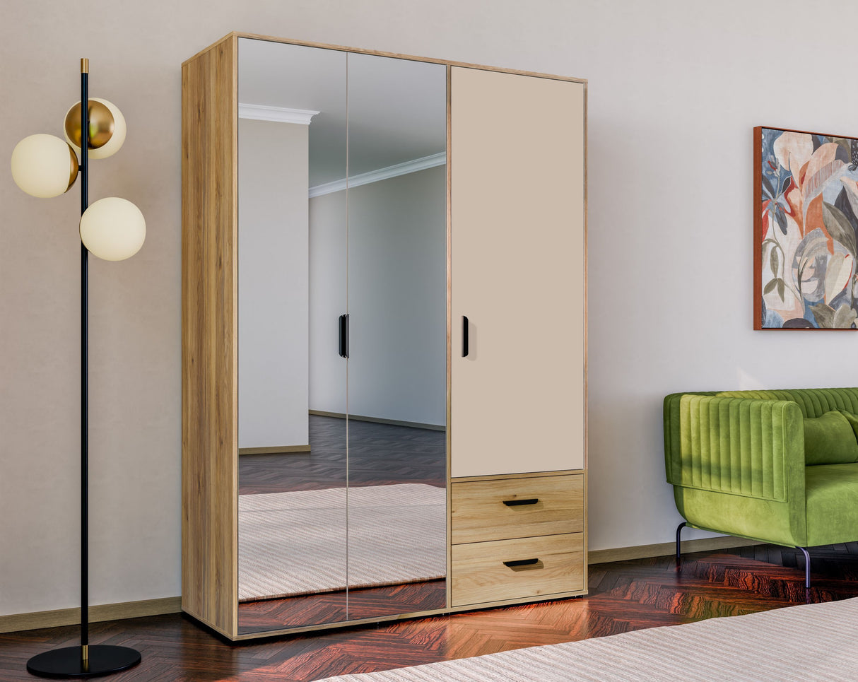 Armoire de chambre - MOKKARO - Décor Chene et sable - 3 portes battantes - 2 tiroirs - 2 miroirs - L144,4 x P52,7 x H200cm