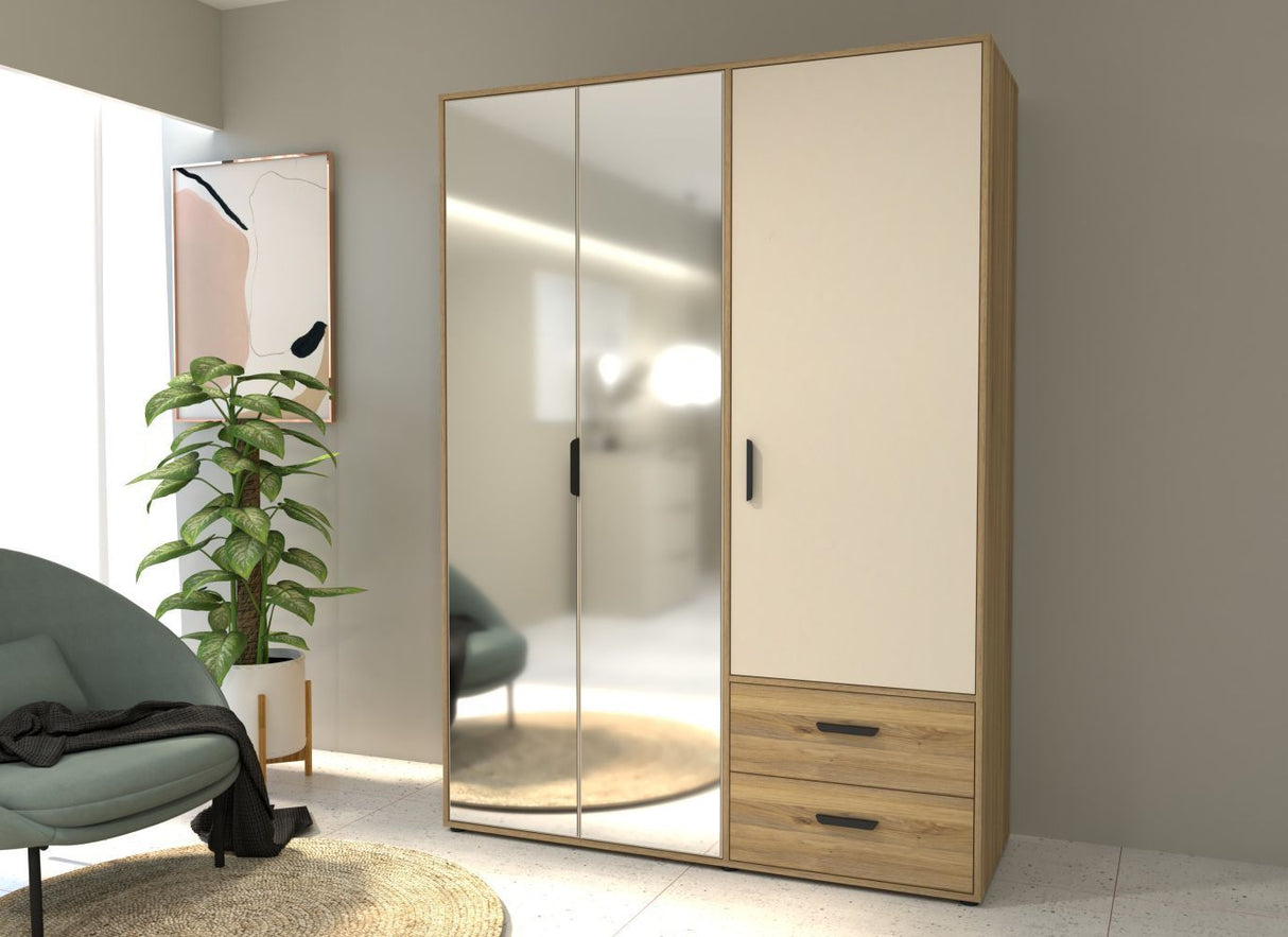 Armoire de chambre - MOKKARO - Décor Chene et sable - 3 portes battantes - 2 tiroirs - 2 miroirs - L144,4 x P52,7 x H200cm