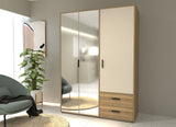 Armoire de chambre - MOKKARO - Décor Chene et sable - 3 portes battantes - 2 tiroirs - 2 miroirs - L144,4 x P52,7 x H200cm