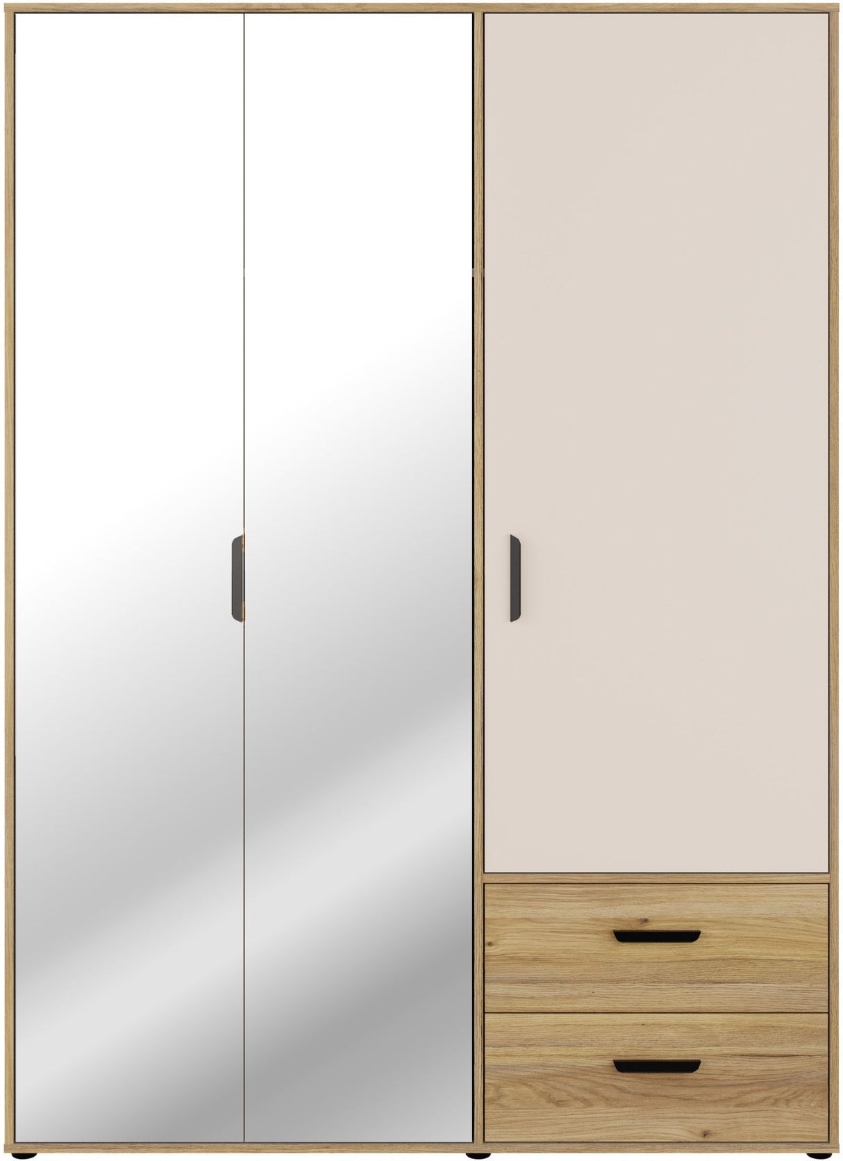 Armoire de chambre - MOKKARO - Décor Chene et sable - 3 portes battantes - 2 tiroirs - 2 miroirs - L144,4 x P52,7 x H200cm