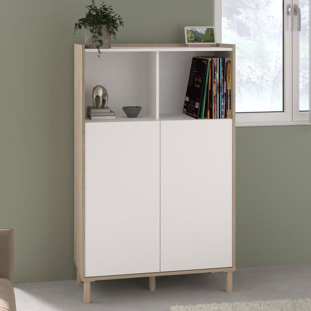 Bahut haut MORPHOS - L 83,7 x P 40 x H 135 cm - Décor blanc / Chene - 2 portes - PARISOT