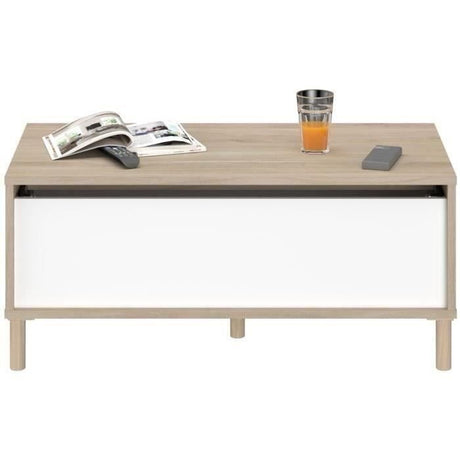 Table basse relevable MORPHOS - L 100 x P 50  x  H 43,6 cm - Rectangulaire - Décor blanc / Chene - PARISOT