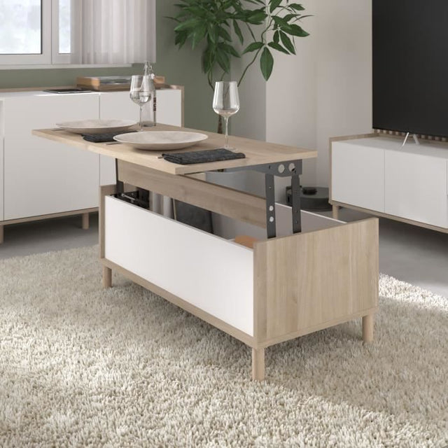 Table basse relevable MORPHOS - L 100 x P 50  x  H 43,6 cm - Rectangulaire - Décor blanc / Chene - PARISOT