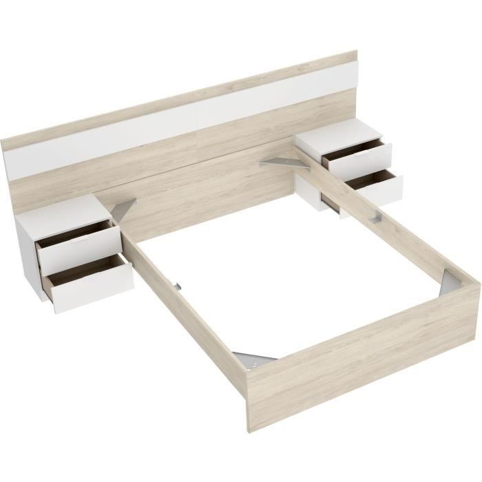 Lit adulte avec chevets intégrés NIZA - 140 x 190 cm - Chene naturel / Blanc