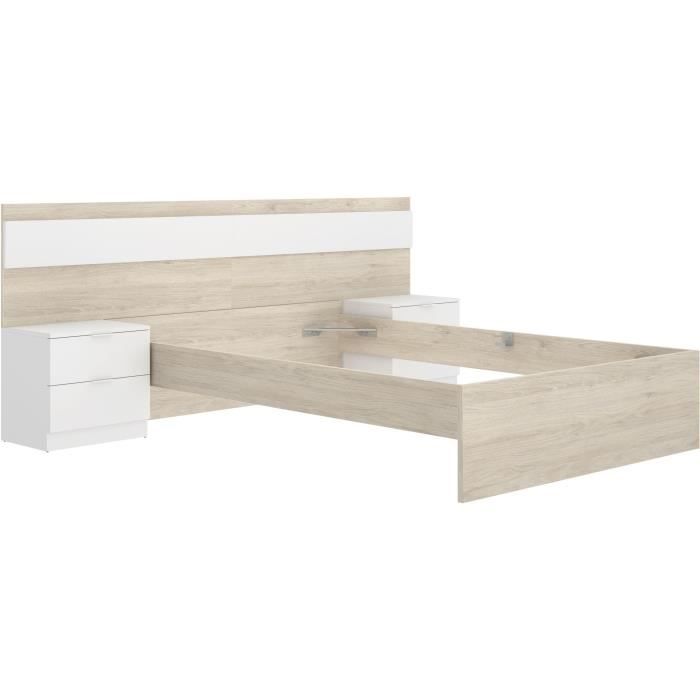 Lit adulte avec chevets intégrés NIZA - 140 x 190 cm - Chene naturel / Blanc