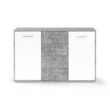 Buffet bas PILVI - 2 portes et 4 tiroirs - Blanc et béton clair - L 122,6 x P 34,2 x H 81,1 cm