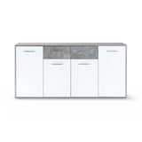 Buffet bas PILVI - 4 portes et 2 tiroirs - Blanc et béton clair - L 162,3 x P 34,2 x H 88,1 cm