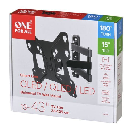 ONE FOR ALL WM2251 Support mural inclinable (15°) et orientable (180°) pour TV de 13 a 43 (33 a 109cm) - Poids max : 30kg