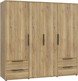 Armoire de chambre - Décor Chene - 4 portes battantes + 4 tiroirs - L205,9 x P59 x H200,1 cm - ORKNEY