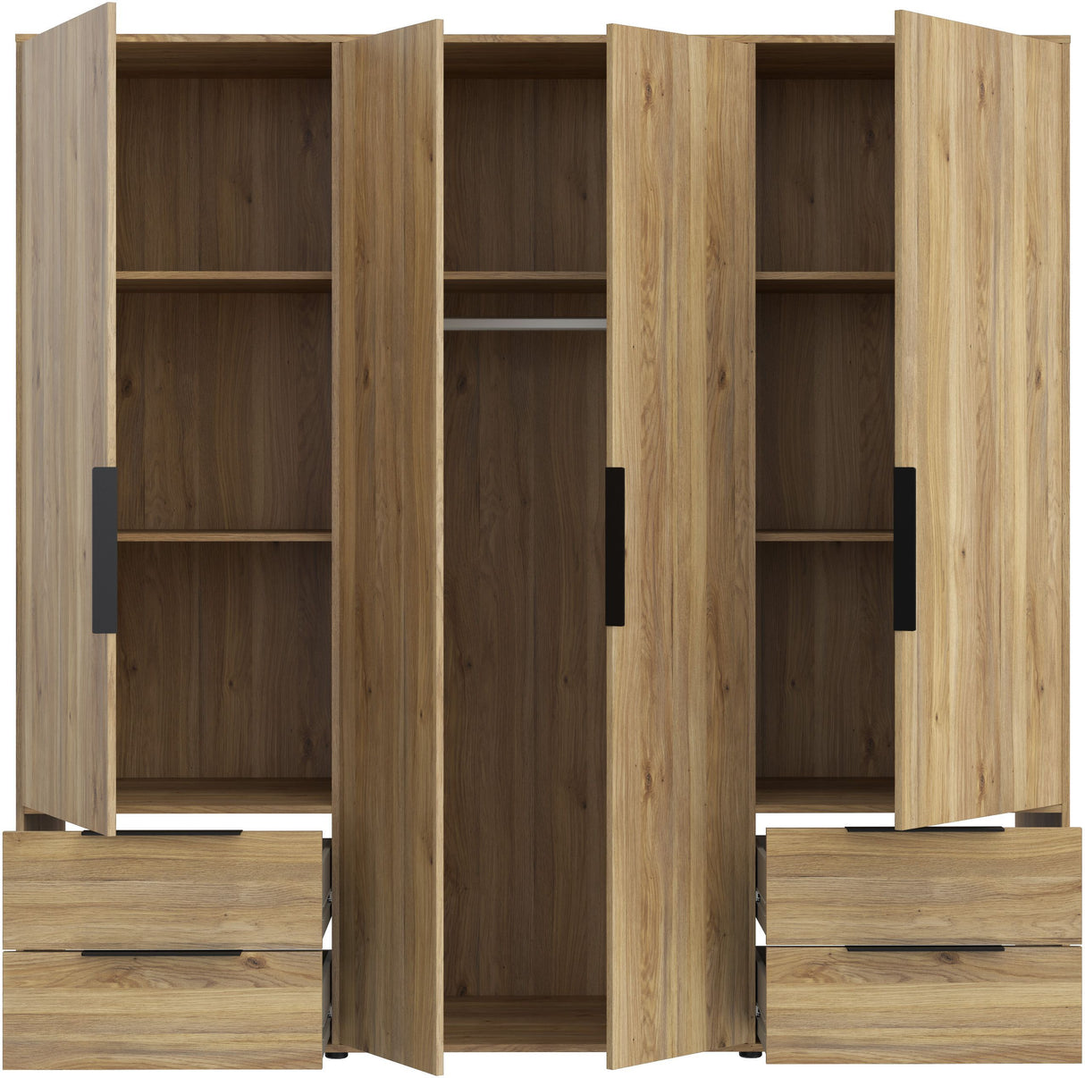 Armoire de chambre - Décor Chene - 4 portes battantes + 4 tiroirs - L205,9 x P59 x H200,1 cm - ORKNEY