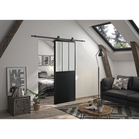 OPTIMUM Kit porte coulissante ATELIER noir + rail apparent  - 204 x 83 cm - verre dépoli