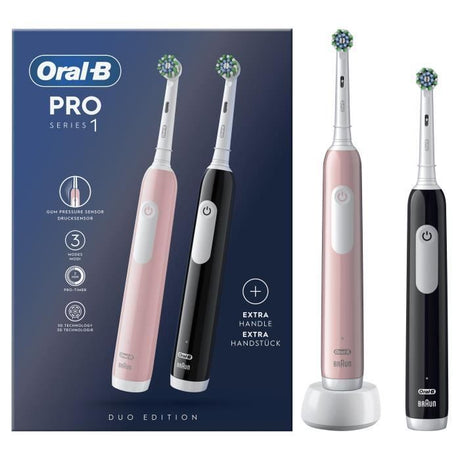 Oral-B Pro Series 1 Brosse a dents électrique duo Rose et noire, Nettoyage 3D, 2 brossette, 1 chargeur