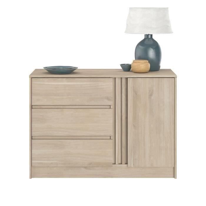 Commode ESCALE - 3 tiroirs - 1 porte - Décor chene -  L 109,8 x H 76,8 x P 50 cm