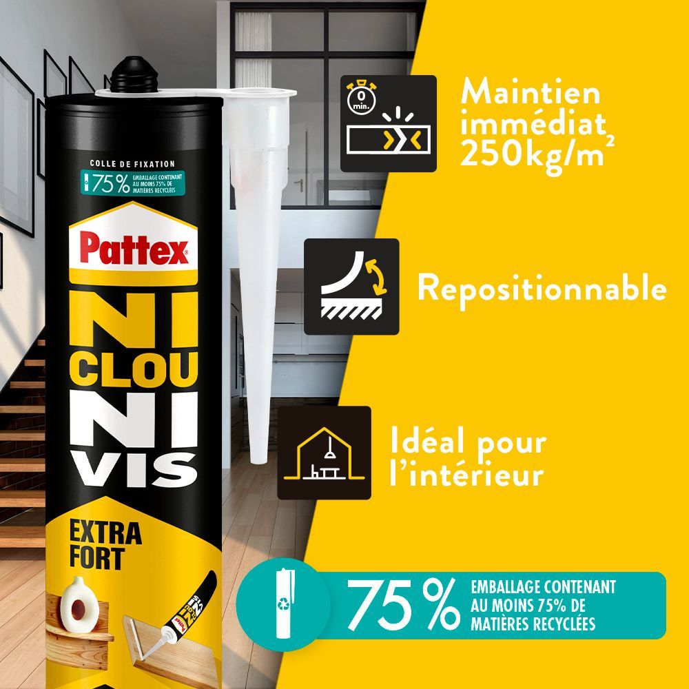 Colle de fixation - PATTEX - Ni Clou Ni Vis - Extra Fort - Cartouche de 380g - Lot de 2 + 1 gratuit